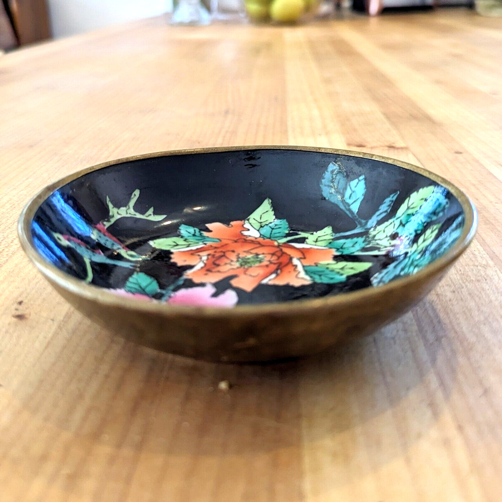 Porcelain Brass Cased Bowl Hand Painted Chinese Floral w Birds Black 1930-1940 - Picture 4 of 8